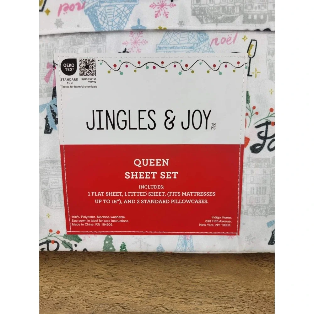 Jingles &‎ Joy Queen Sheet Set Paris Christmas Trees Eiffel Tower Noel